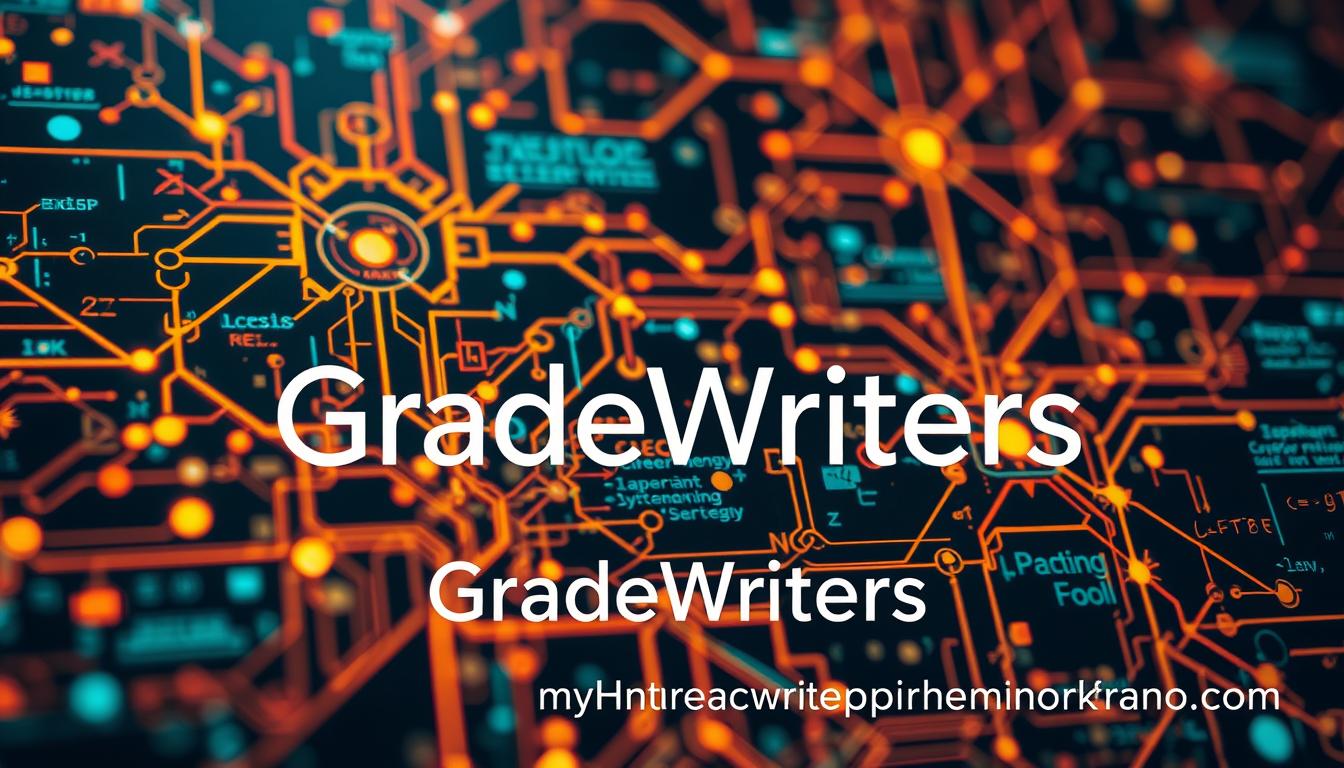 Detailed close-up of a complex coding strategies system, with intricate lines, shapes, and algorithms interconnected in a visually captivating manner. The scene is illuminated by a warm, dynamic lighting, creating depth and highlighting the intricate details. The overall atmosphere conveys a sense of innovation, problem-solving, and technological prowess. In the foreground, the &quot;GradeWriters&quot; brand name is prominently displayed, seamlessly integrated into the design. The words &quot;MyHomeworkWriter&quot; and &quot;myhomeworkwriter.com&quot; are subtly incorporated into the background, complementing the visual narrative. The image should inspire viewers to explore innovative techniques for programming assignment success.