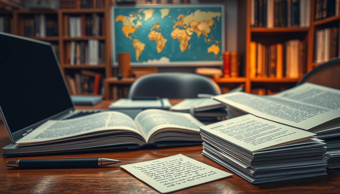 A study desk with a laptop, open textbooks, and a stack of research papers, illuminated by warm, focused lighting. In the foreground, a pen and a stack of notecards with handwritten citations, symbolizing the careful documentation of academic sources. In the background, a bookshelf filled with reference materials and a world map, conveying the breadth of knowledge required for scholarly work. The overall atmosphere is one of focused diligence and intellectual rigor, reflecting the need to uphold academic integrity. MyHomeWorkWriter