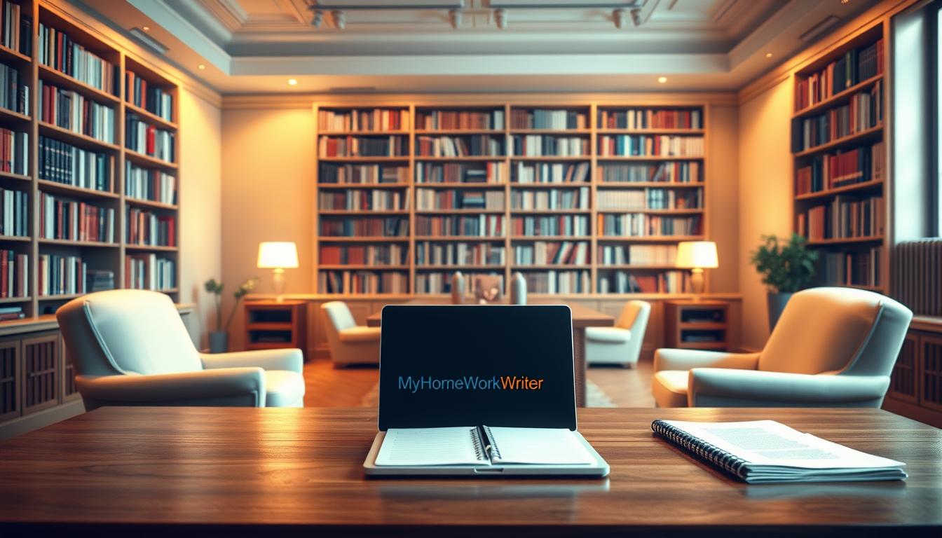 A serene and inviting study space with plush chairs, a large wooden desk, and floor-to-ceiling bookshelves. Soft, warm lighting illuminates the room, creating a cozy and productive atmosphere. In the foreground, a laptop and notebook are neatly arranged, symbolizing the academic support available. The brand name &amp;amp;quot;MyHomeWorkWriter&amp;amp;quot; is prominently displayed on the desk, conveying the reliable assistance offered to MBA students. The overall scene evokes a sense of focus, guidance, and 24/7 availability to help students succeed in their studies.