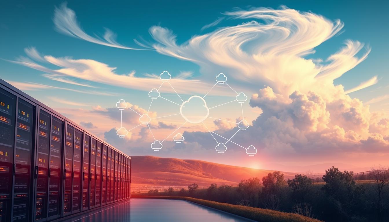 A serene landscape depicting the fundamentals of cloud computing. In the foreground, a sleek, modern data center with rows of server racks and glowing indicator lights. The midground features a network of interconnected cloud icons, symbolizing the seamless integration of cloud-based services. In the background, a vast, ethereal sky with wispy, cloud-like formations. The scene is illuminated by a warm, diffused lighting, creating a sense of harmony and technological sophistication. MyHomeworkWriter myhomeworkwriter.com GradeWriters
