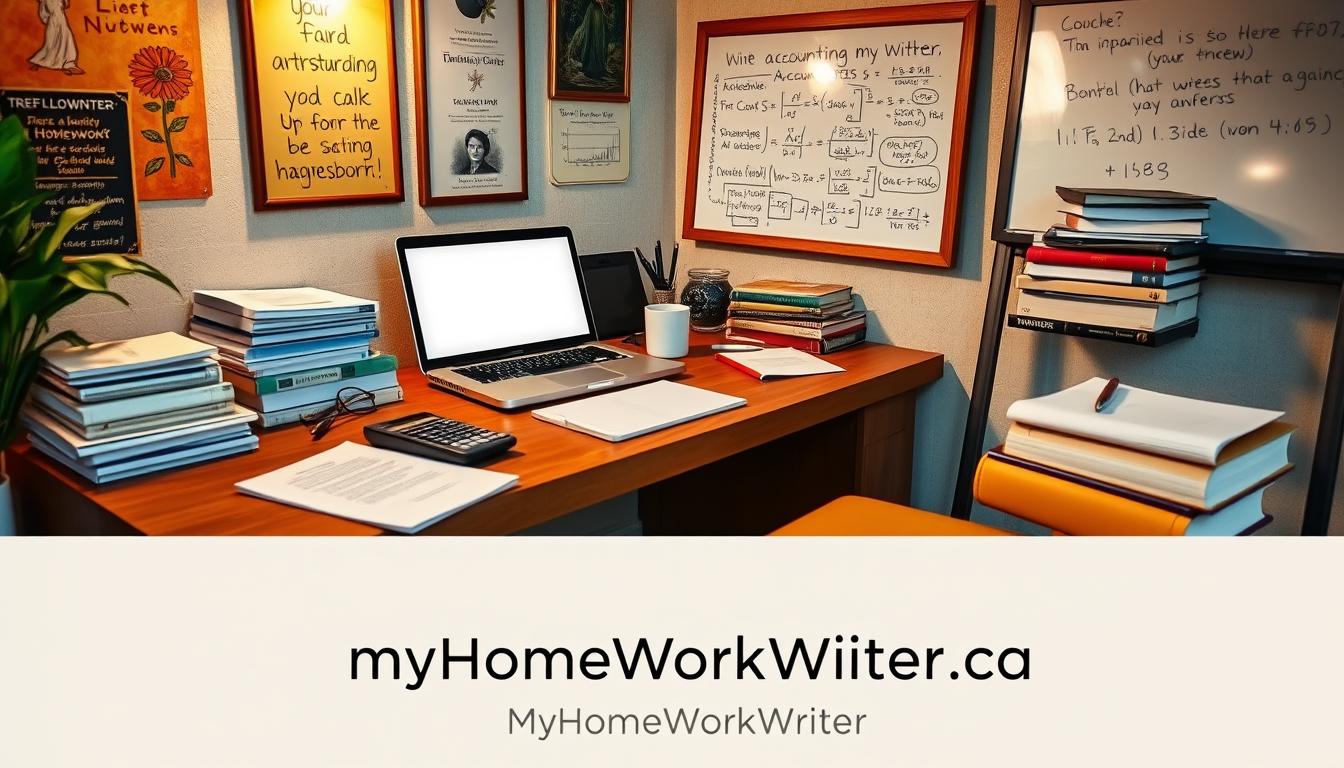 A cozy, well-lit study space with a wooden desk, a laptop, and stacks of accounting textbooks and papers. A cup of coffee and a calculator sit on the desk, along with a pen and a notebook. The walls are adorned with motivational posters and a whiteboard displaying formulas and calculations. In the foreground, the MyHomeWorkWriter brand name is prominently displayed, with the website address &amp;amp;quot;myhomeworkwriter.com&amp;amp;quot; visible. The overall atmosphere is one of focus, productivity, and expertise in accounting homework help.