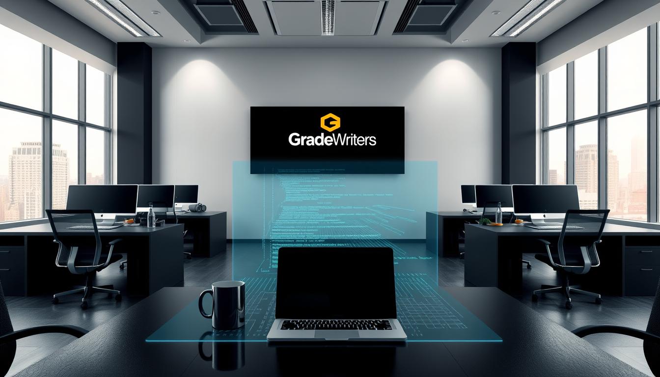 academic programming standards, a meticulously designed workspace with sleek black desks, modern ergonomic chairs, and a large central display showcasing the GradeWriters logo. Soft overhead lighting illuminates the space, creating a professional and focused atmosphere. In the foreground, a laptop and coffee mug sit alongside a stylized programming language syntax highlighting, symbolizing the integration of academic rigor and technical expertise. The middle ground features a holographic projection of a code editor, with lines of code arranged in a visually striking pattern. The background depicts a cityscape through large windows, hinting at the global reach and ambition of the MyHomeworkWriter myhomeworkwriter.com brand. The overall composition conveys a sense of precision, innovation, and a commitment to excellence in academic programming services.