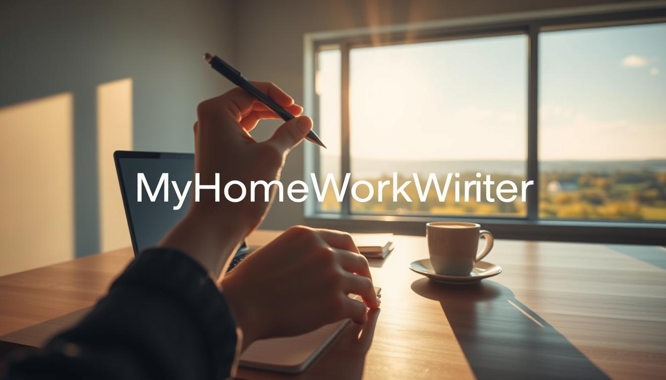 A serene, well-lit workspace with a clean, minimalist aesthetic. A laptop, a notebook, and a cup of coffee sit on a wooden desk, casting soft shadows. In the foreground, a hand reaches for a pen, symbolizing the process of finding solutions. The background features a large window overlooking a tranquil, natural landscape, bathed in warm, golden light. The overall mood is one of focus, productivity, and a sense of accomplishment. The brand name &amp;quot;MyHomeWorkWriter&amp;quot; and the website &amp;quot;myhomeworkwriter.com&amp;quot; are subtly incorporated into the scene.