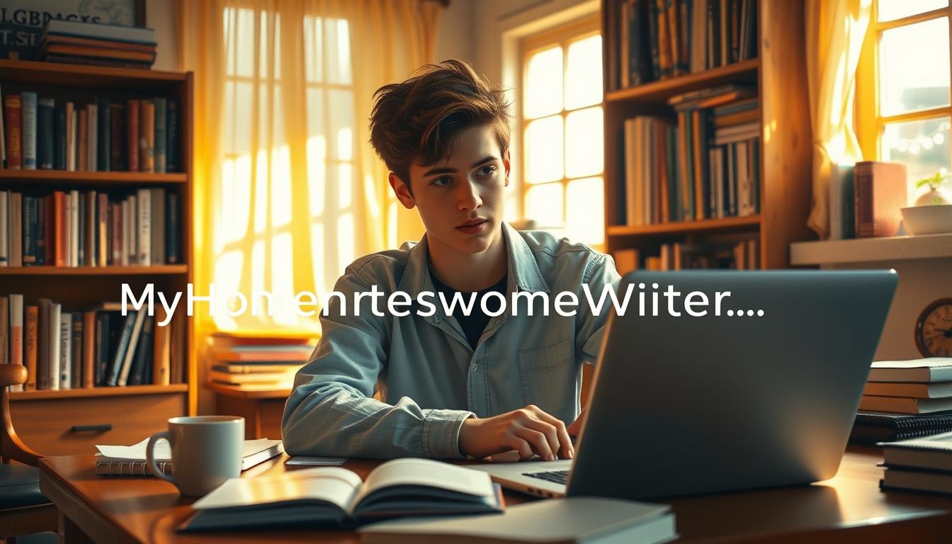 A cozy, well-lit study with a young person sitting at a desk, intently focused on their accounting work. The room is filled with warm, natural light, casting a soft glow on the scene. In the foreground, the student's laptop and textbooks are visible, along with a cup of coffee or tea. In the background, shelves filled with accounting and finance-related books create a professional, academic atmosphere. The student's expression conveys a sense of dedication and determination as they navigate their accounting assignment. The words &quot;MyHomeworkWriter&quot; and &quot;myhomeworkwriter.com&quot; are discretely incorporated into the image.