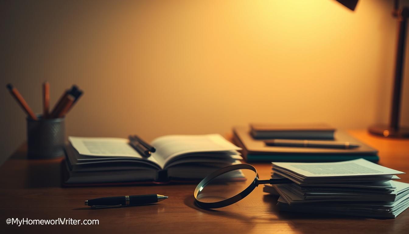 A serene, dimly lit study space with a wooden desk and a collection of research materials - notebooks, pens, and a laptop. The background is a soft, neutral color, creating a contemplative atmosphere. In the foreground, a magnifying glass and a stack of papers symbolize the meticulous nature of qualitative research. The lighting is warm and inviting, casting gentle shadows that accentuate the textures and materials. MyHomeworkWriter myhomeworkwriter.com GradeWriters