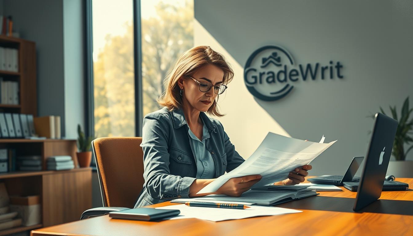 a detailed, realistic scene of student case studies, featuring a middle-aged Caucasian woman in a casual outfit sitting at a wooden desk, intently examining student files and research materials. The scene is set in a well-lit, modern office environment, with a GradeWriters logo prominently displayed on the wall behind her. Warm, natural lighting filters in through large windows, casting soft shadows and creating a contemplative atmosphere. The woman's facial expression and body language convey a sense of deep concentration and expertise. MyHomeworkWriter myhomeworkwriter.com