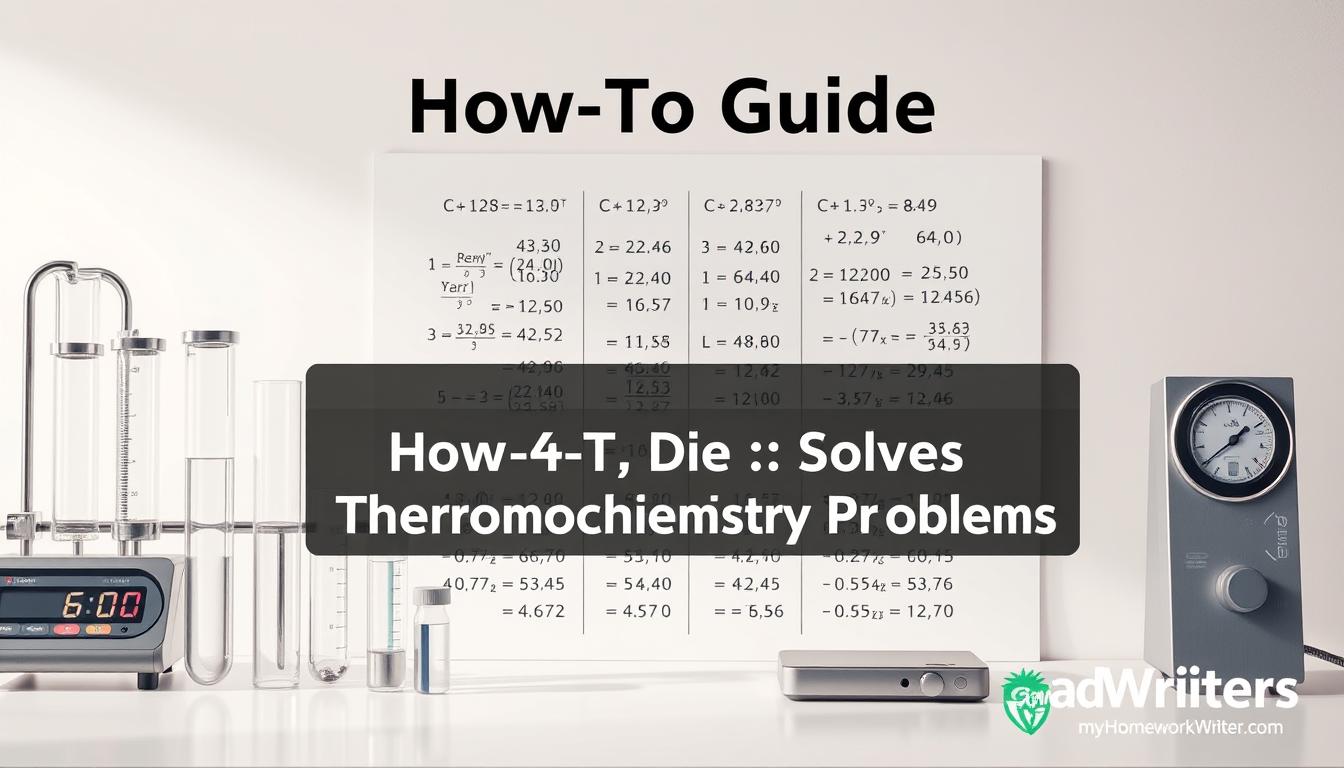 A detailed, photorealistic illustration of calorimetry calculations, set against a clean, minimalist background. The foreground features a scientific apparatus with precise technical elements - test tubes, a digital display, and a thermometer. The middle ground showcases step-by-step calculations and formulas, neatly organized and color-coded. The background is a soft, muted gradient that provides a sense of depth and focus. Gentle, diffused lighting creates a professional, educational atmosphere. The overall composition conveys a clear, informative, and visually appealing representation of the &quot;How-To Guide: Solving Thermochemistry Problems&quot; section. Include the text &quot;MyHomeworkWriter&quot; and &quot;myhomeworkwriter.com&quot; as well as the brand name &quot;GradeWriters&quot;.