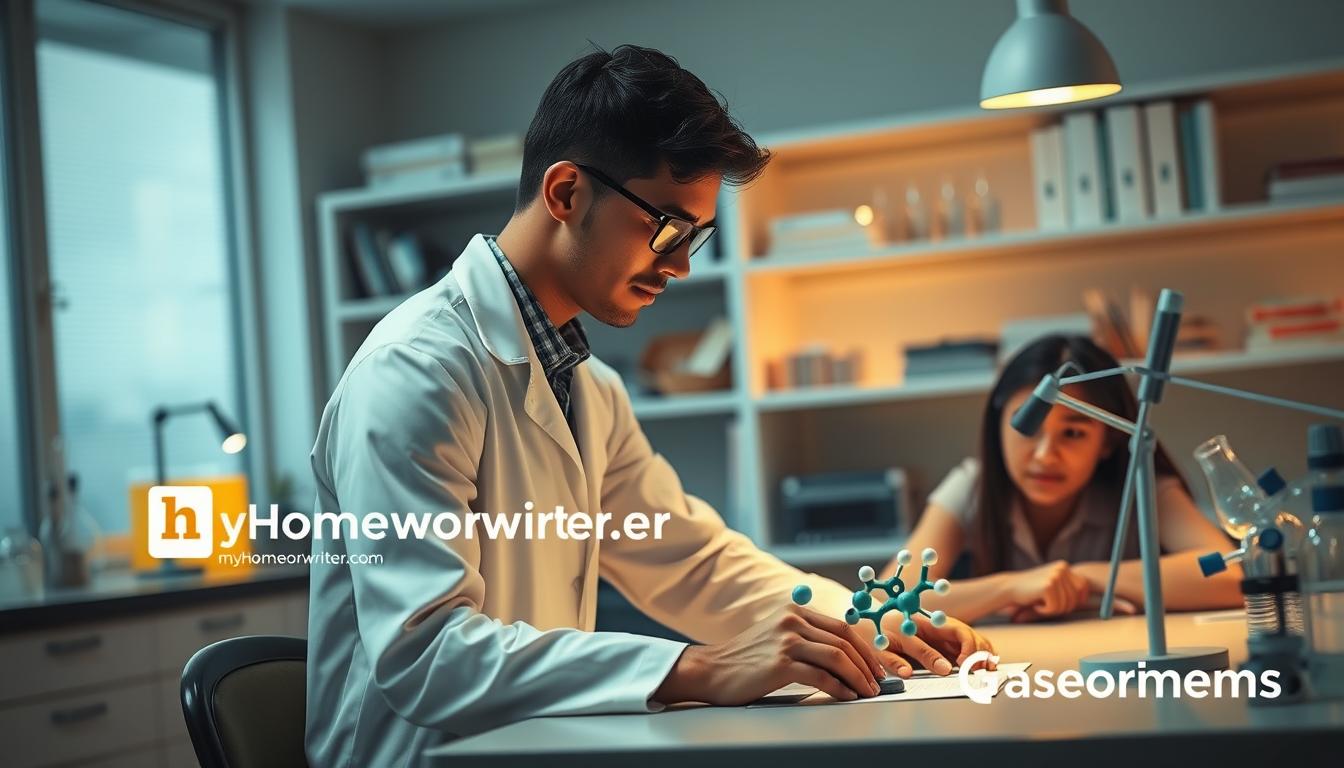A professional, well-lit biochemistry lab setting with a tutor in a white lab coat assisting a student at a desk. Soft, warm lighting illuminates the scene, creating an inviting and trustworthy atmosphere. The tutor is pointing to a molecular model on the desk, engaging the student in an interactive tutoring session. In the background, shelves of scientific equipment and books suggest a comprehensive learning environment. The image should convey a sense of expertise, transparency, and dedication to student success. Include the text &quot;MyHomeworkWriter&quot; and &quot;myhomeworkwriter.com&quot; as well as the brand name &quot;GradeWriters&quot; in a subtle, unobtrusive manner.