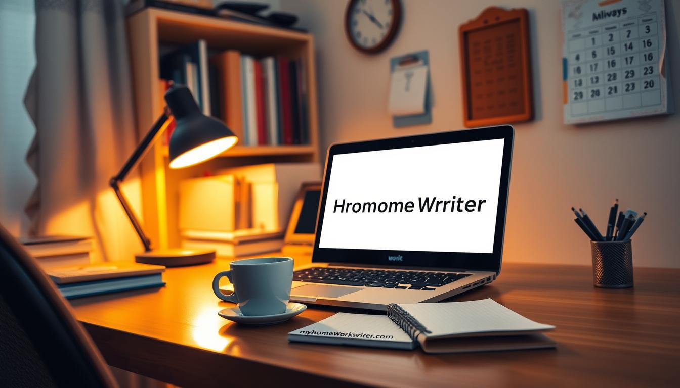 A cozy home office with a well-organized desk, a laptop, and a cup of coffee. Warm lighting from a desk lamp illuminates the workspace, creating a focused and productive atmosphere. In the background, a bookshelf filled with reference materials and a wall calendar display the date. The brand name &amp;amp;quot;MyHomeWorkWriter&amp;amp;quot; is prominently displayed on the laptop screen, and the website &amp;amp;quot;myhomeworkwriter.com&amp;amp;quot; is visible on a notepad on the desk, highlighting the professional academic assistance services offered.