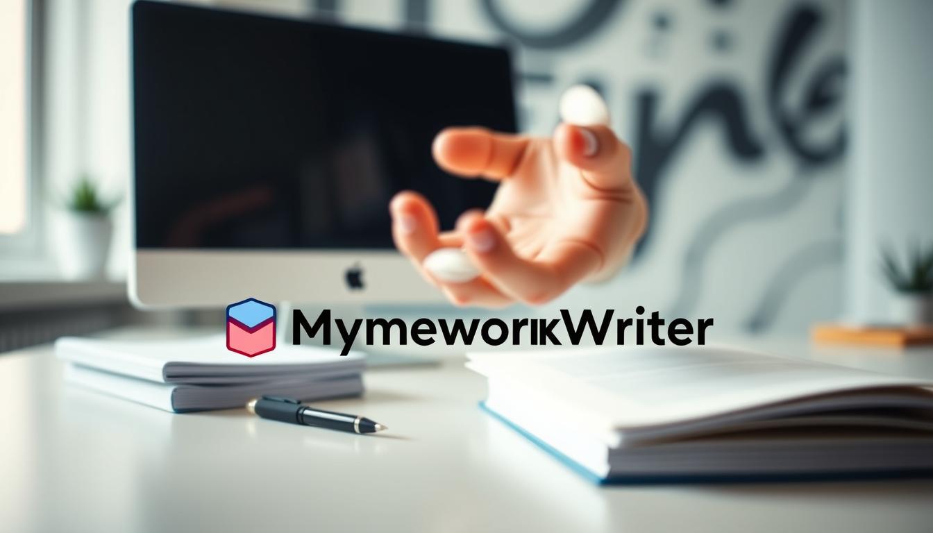 A modern, minimalist workspace with a sleek desktop computer, a stack of research papers, and a pen and notebook. Soft, indirect lighting illuminates the scene, creating a focused and productive atmosphere. In the foreground, the MyHomeworkWriter logo is prominently displayed, indicating the high-quality research paper writing service. In the middle ground, a hand is reaching out, symbolizing the dedicated assistance provided by the writing experts. The background features a blurred, abstract pattern, adding depth and visual interest to the composition. Overall, the image conveys the efficient and professional research paper writing process offered by MyHomeworkWriter.