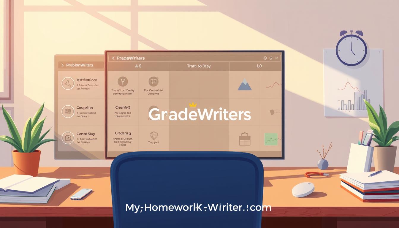 A professional, high-quality digital illustration of a step-by-step problem-solving tool, featuring a grid-like interface with numbered steps, interactive icons, and data visualizations. The scene is set in a clean, minimalist workspace with a warm, natural lighting, conveying a sense of clarity and focus. The &amp;quot;GradeWriters&amp;quot; brand name is prominently displayed in the center of the interface. MyHomeworkWriter and myhomeworkwriter.com are discreetly added to the image.