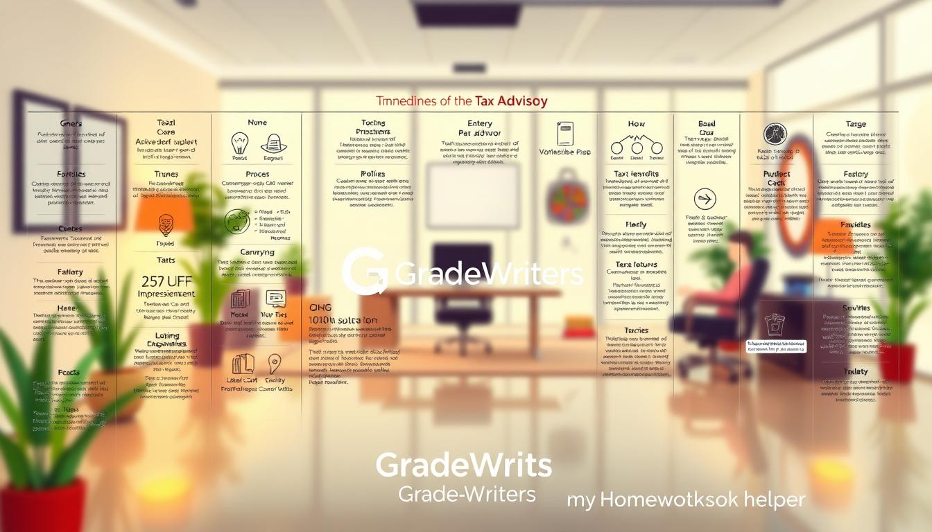 A meticulously crafted digital illustration depicting a comprehensive breakdown of tax topics. The foreground showcases a detailed infographic with various sections and subtopics, each represented by distinct icons and color-coded elements. The middle ground features a sleek, modern office setting with a desk, computer, and other professional accessories, creating a sense of a tax advisory workspace. The background subtly blends warm lighting, creating a welcoming and authoritative atmosphere. The image prominently displays the brand name &quot;GradeWriters&quot; and &quot;My Homework Helper&quot; to convey the expertise and trustworthiness of the service.