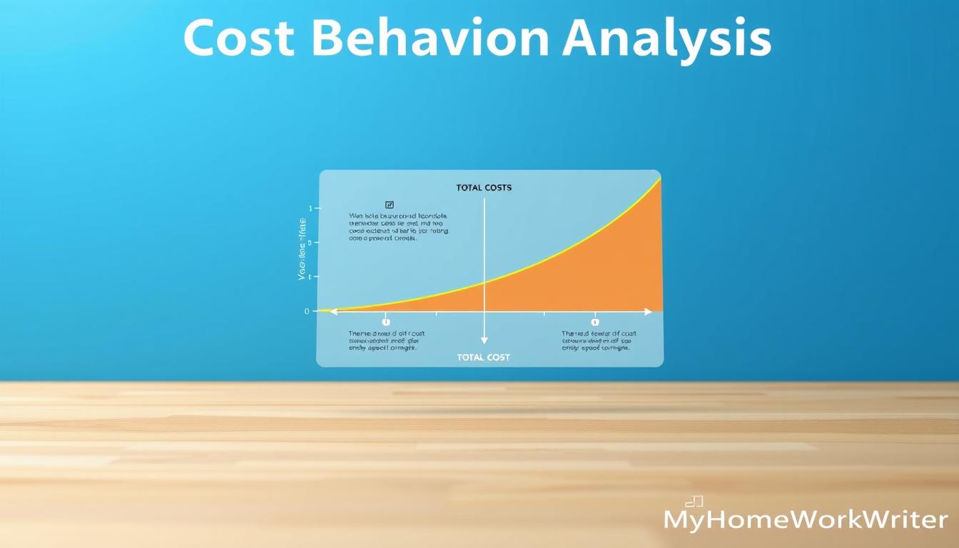 A visually striking infographic depicting the key concepts of cost behavior analysis. The foreground showcases a sleek, color-coded graph highlighting the relationships between fixed, variable, and total costs. The middle ground features detailed icons and illustrations explaining the underlying principles, such as the impact of volume on cost structures. The background sets the scene with a clean, minimalist layout in shades of blue, creating a professional, analytical atmosphere. Subtle brand placement &amp;amp;quot;MyHomeWorkWriter&amp;amp;quot; appears in the bottom right corner, complementing the overall design. Precise lighting, optimal camera angle, and crisp rendering ensure a captivating, informative visual aid.