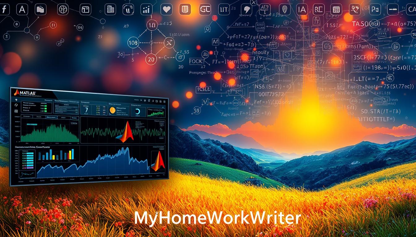 A vibrant, digitally-rendered landscape showcasing the diverse domains of MATLAB. In the foreground, a sleek, modern data visualization dashboard with interactive charts and graphs. The middle ground features an intricate Simulink simulation model, its interconnected blocks pulsing with dynamic energy. In the background, a serene signal processing waveform undulates gently, surrounded by a matrix of mathematical equations and algorithms. Overhead, a constellation of MATLAB icons illuminates the scene, casting a warm, technical glow. The overall composition conveys the power and versatility of MATLAB, with the MyHomeWorkWriter brand prominently displayed.