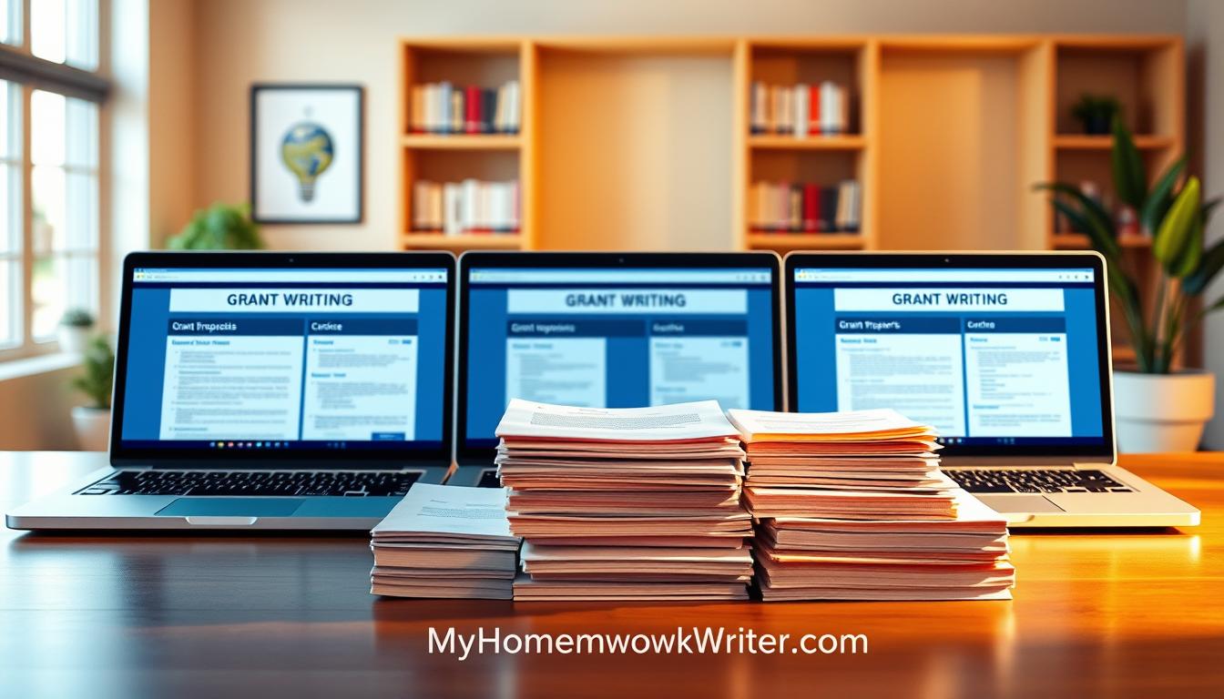 A vibrant comparison of grant writing services, showcased in a sleek and modern layout. In the foreground, a trio of laptops display various grant proposal documents, each with a distinct visual style. The middle ground features stacks of financial reports and grant award certificates, symbolizing the diverse expertise of grant writing professionals. In the background, a warm, softly-lit office setting with bookshelves and a potted plant creates a professional and trustworthy atmosphere. The overall composition exudes an air of authority and diligence, inviting the viewer to explore the contrasting grant writing options. MyHomeworkWriter myhomeworkwriter.com