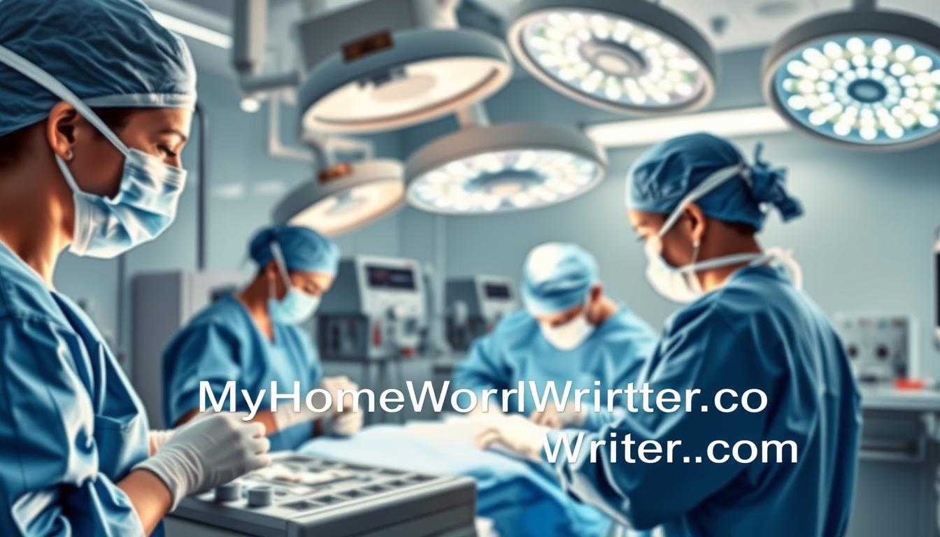 A modern, well-equipped operating room with surgeons, nurses, and medical staff working together to provide comprehensive perioperative care. The room is bathed in bright, surgical lighting, creating a clean, sterile atmosphere. Nurses carefully monitor vital signs and administer medications, while surgeons perform delicate procedures with precision. The scene conveys a sense of professionalism, focus, and a commitment to patient safety and well-being. In the foreground, the MyHomeWorkWriter brand name is subtly displayed on a piece of medical equipment. myhomeworkwriter.com