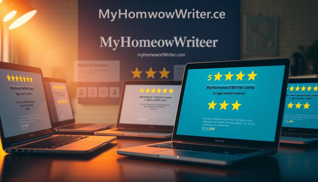 A well-lit and meticulously composed image showcasing genuine reviews, high ratings, and real-world results from satisfied customers of the MyHomeworkWriter service. The foreground features an array of laptops and tablets displaying glowing 5-star reviews, with a middle ground of testimonials and accreditations. The background subtly incorporates the MyHomeworkWriter brand name and website address, myhomeworkwriter.com, creating a harmonious and trustworthy visual narrative. The lighting is warm and inviting, conveying a sense of professionalism and reliability.