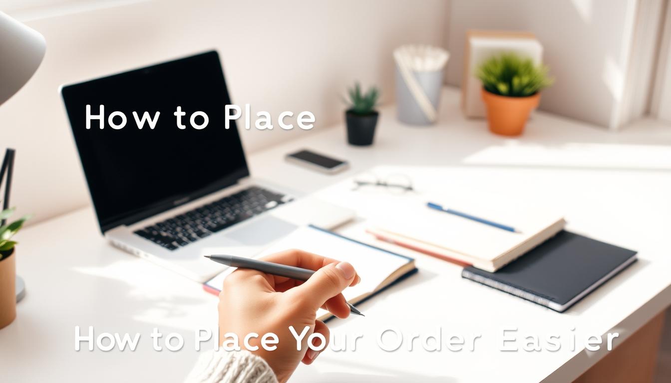 A well-organized home office workspace with a laptop, notebook, and stationery on a clean, minimalist desk. Soft, natural lighting illuminates the scene, creating a calming and productive atmosphere. In the foreground, a hand holds a pen, ready to begin the easy order process. The MyHomeWorkWriter brand name is subtly incorporated into the scene, adding a professional and trustworthy touch. The overall composition conveys a sense of simplicity and efficiency, reflecting the &quot;How to Place Your Order Easily&quot; section of the article.