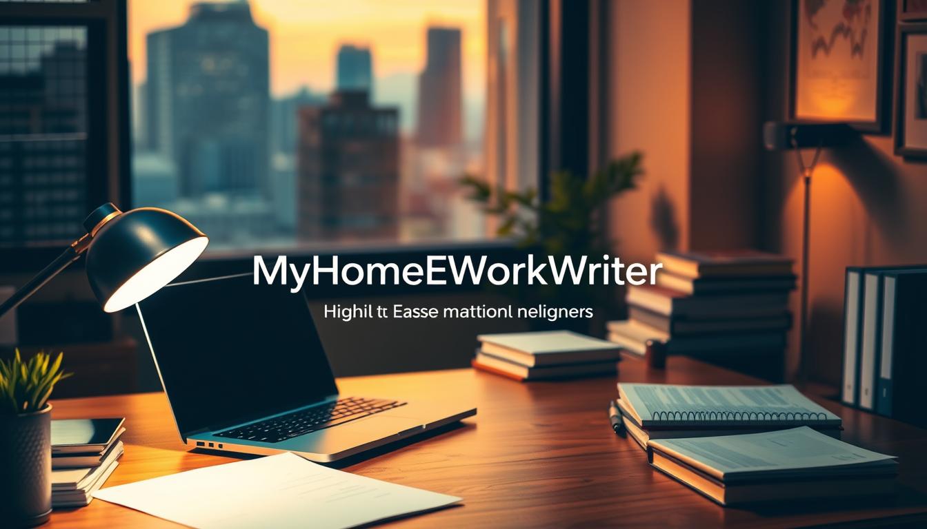 A professional, neatly organized office workspace with a laptop, textbooks, and study materials on a wooden desk. Warm, diffused lighting illuminates the scene, creating a focused and productive atmosphere. In the center, the &amp;quot;MyHomeWorkWriter&amp;quot; brand name is prominently displayed, conveying expertise and reliable excel assignment help. The background features a cityscape through a window, suggesting a modern, urban setting. The overall composition exudes a sense of efficiency, diligence, and high-quality academic support.