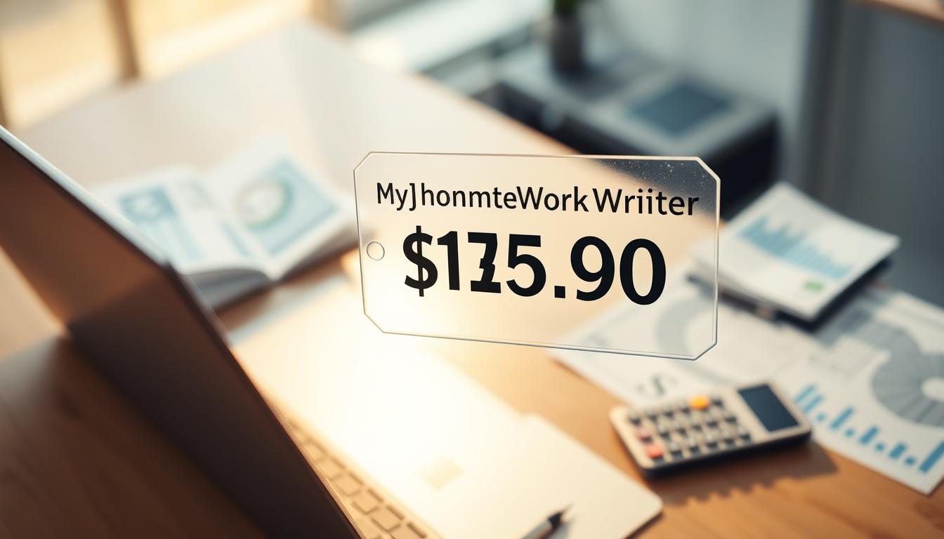 A brightly lit, high-angle shot of a modern office desk with a laptop, calculator, and various financial documents. The desktop surface is partially obscured by a transparent price tag hovering above, displaying the &quot;MyHomeWorkWriter&quot; brand name. The lighting casts a warm, professional glow, emphasizing the transparency and clarity of the pricing information. The overall scene conveys a sense of financial transparency, trustworthiness, and attention to detail. MyHomeworkWriter, myhomeworkwriter.com