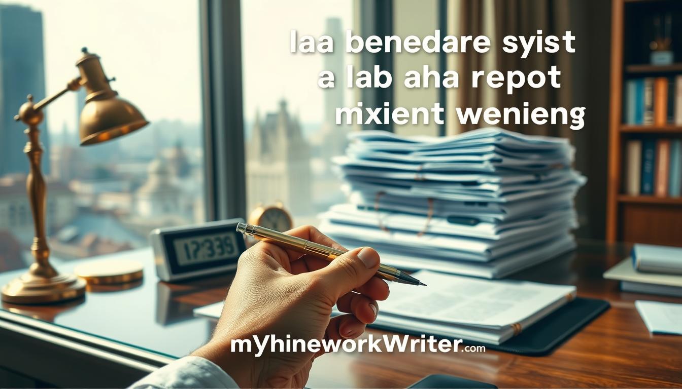 An elegant desk with a vintage brass lamp, digital clock, and stack of organized documents. In the foreground, a hand holds a pen, ready to tackle the benefits of expert lab report writing services. The background features a soft, blurred cityscape, conveying a sense of professionalism and productivity. Warm, natural lighting bathes the scene, creating a serene and focused atmosphere. The brand name &amp;quot;MyHomeWorkWriter&amp;quot; and website &amp;quot;myhomeworkwriter.com&amp;quot; are seamlessly integrated into the composition.