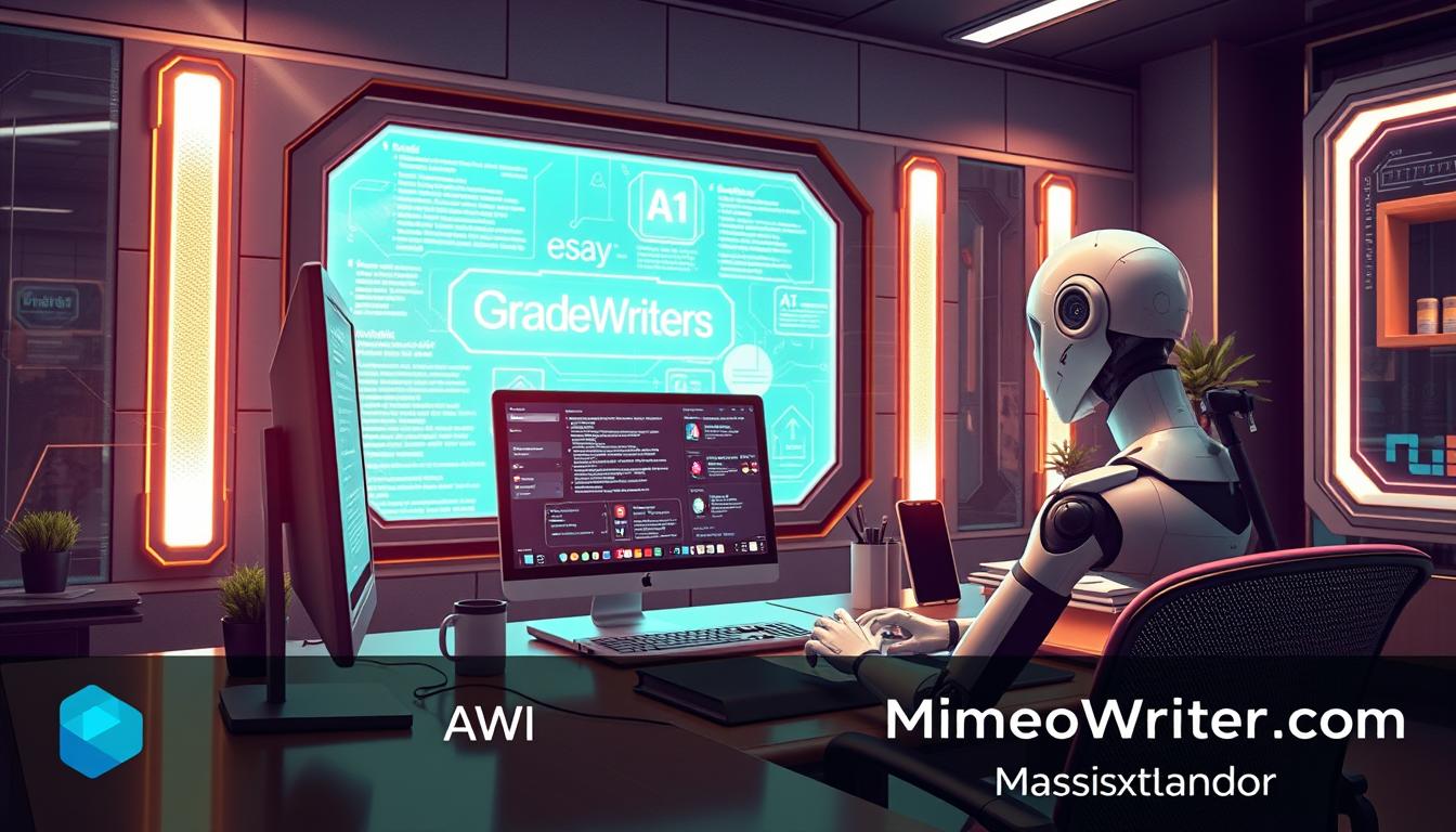 A professional, high-tech office setting with a desktop computer, an AI assistant, and the GradeWriters brand prominently displayed. The AI assistant is engaged in the essay extension process, using advanced algorithms to analyze the content, structure, and flow of the essay. The background features a sleek, futuristic design with glowing panels and holographic elements, creating a sense of innovation and technological prowess. The overall atmosphere is one of productivity, efficiency, and a commitment to academic excellence, with the MyHomeworkWriter and myhomeworkwriter.com branding woven seamlessly into the scene.