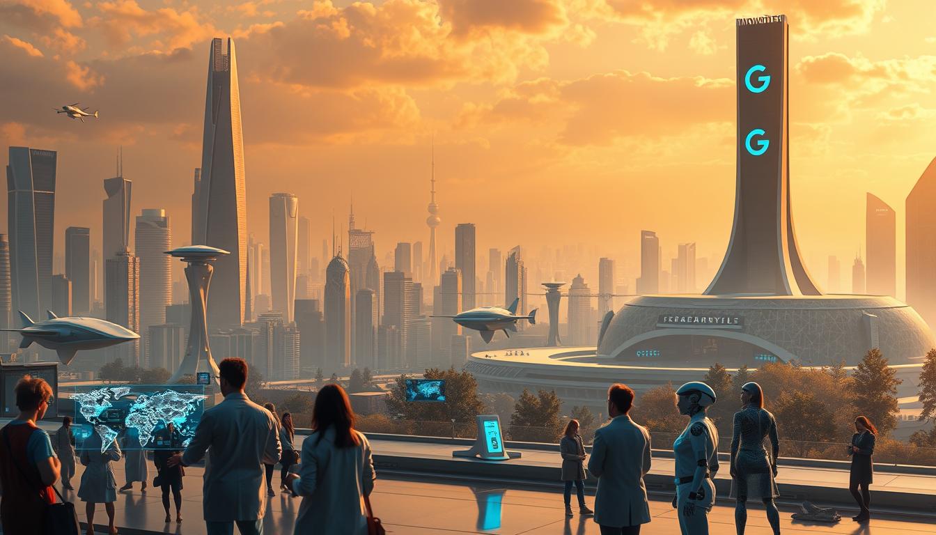 A striking futuristic cityscape with sleek skyscrapers and hovering vehicles, bathed in a warm, golden glow. In the foreground, a group of people interacting with holographic displays, showcasing the integration of AI-powered applications in their daily lives. The middle ground features an advanced research lab, where scientists in lab coats collaborate with intelligent robotic assistants. In the background, a towering monument emblazoned with the GradeWriters logo, symbolizing the powerful impact of AI on academics and beyond. The entire scene exudes a sense of technological progress and innovation. MyHomeworkWriter myhomeworkwriter.com