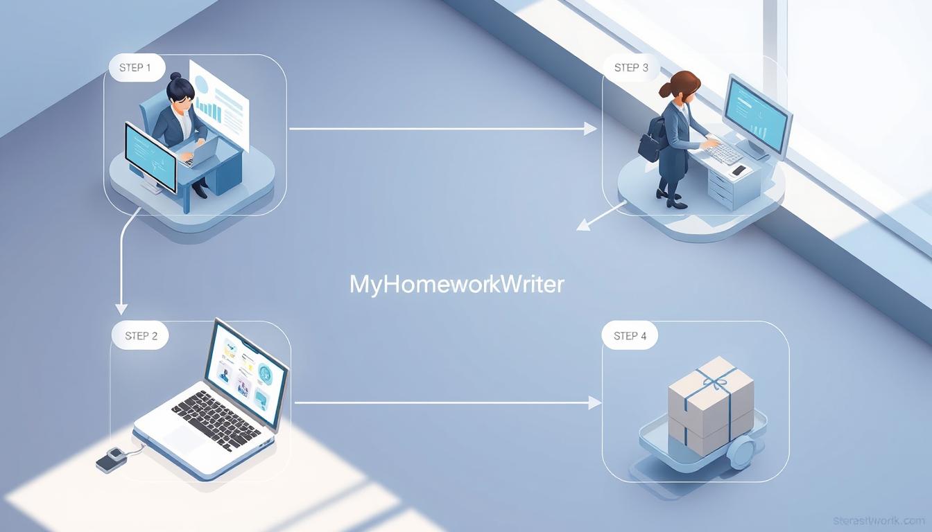 An isometric view of a modern, clean order process with 4 distinct steps. Step 1 shows a person initiating an order on a laptop, Step 2 depicts a person communicating with a customer service representative, Step 3 illustrates payment processing, and Step 4 shows a product being delivered. The scene is bathed in soft, directional lighting, creating depth and emphasizing the order flow. The color palette is professional, utilizing shades of blue, grey, and white. Include the MyHomeworkWriter brand name and website URL discretely within the image.
