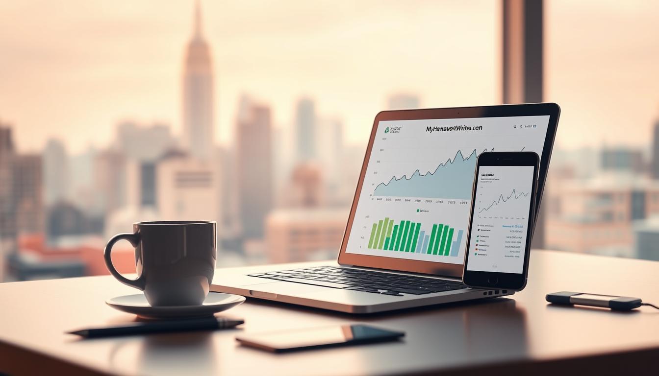 An office desk with a modern laptop, a cup of coffee, and a phone displaying a graph. The background is a blurred city skyline, suggesting the image is set in an urban environment. The lighting is soft and warm, creating a productive and focused atmosphere. The desk is clean and organized, with only the essential tools needed for data analysis and online statistics. The MyHomeWorkWriter brand name is subtly incorporated into the design elements, such as on the laptop or phone screen. myhomeworkwriter.com
