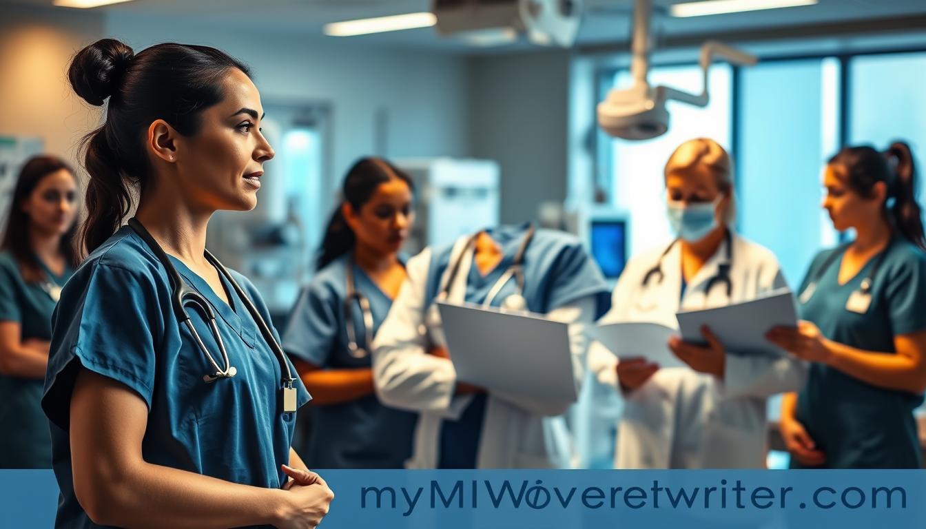 A well-lit, professional scene showcasing a team of experienced emergency nursing experts in a modern hospital setting. In the foreground, two nurses in scrubs and lab coats are engaged in discussion, their expressions conveying expertise and compassion. In the middle ground, a senior nurse reviews patient charts with a group of students, demonstrating their guidance and mentorship. The background features state-of-the-art medical equipment and a serene, calming atmosphere. The scene is captured with a cinematic, shallow depth of field lens, emphasizing the nurses' competence and the importance of their role. Subtle branding for &amp;quot;MyHomeworkWriter&amp;quot; and &amp;quot;myhomeworkwriter.com&amp;quot; is seamlessly incorporated into the image.
