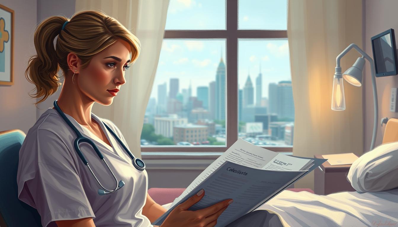 A cozy, well-lit hospital room with a nurse diligently reviewing patient charts and medical notes, contemplating the ethical and legal implications of her upcoming decisions. The nurse's expression is thoughtful, with a slight furrow of the brow, as she meticulously considers the best course of action. In the background, a large window provides a glimpse of the bustling city skyline, a reminder of the broader context in which these critical decisions must be made. The scene conveys a sense of professionalism, responsibility, and the careful navigation of the complex intersection of nursing, law, and ethics. MyHomeWorkWriter myhomeworkwriter.com