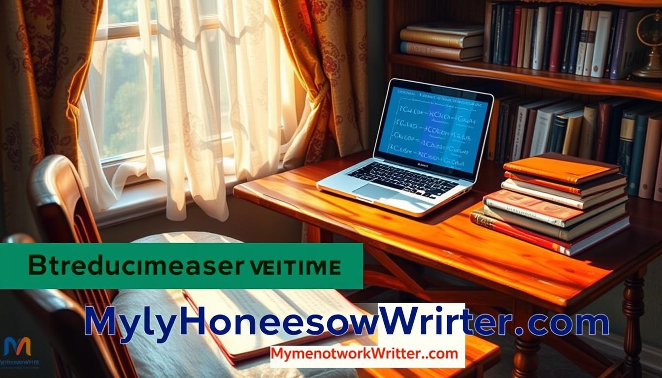 A cozy study nook with a wooden desk, books, and a laptop displaying chemistry formulas. Warm lighting filters through sheer curtains, creating a focused, academic atmosphere. On the desk, a brand name &quot;MyHomeworkWriter&quot; and &quot;myhomeworkwriter.com&quot; is prominently displayed, showcasing the reliable chemistry homework help service. The scene exudes professionalism, expertise, and a dedication to academic success.