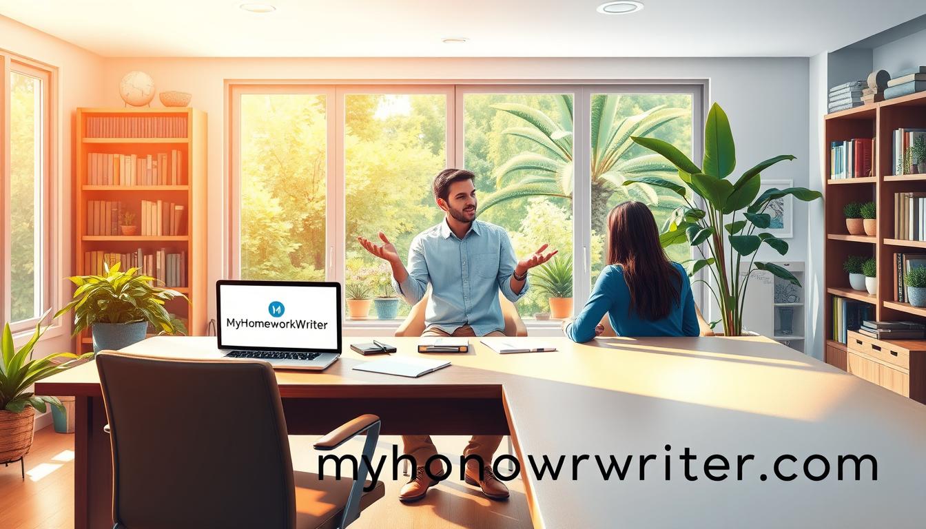 A vibrant and serene study space with a large desk, comfortable chair, and an expansive window overlooking a lush garden. On the desk, a laptop with the &quot;MyHomeworkWriter&quot; logo and a stationery set. In the middle ground, a tutor gesturing animatedly, engaged in a personalized tutoring session with a student. Soft, natural lighting filters in, creating a warm and inviting atmosphere. The background features bookshelves, plants, and subtle academic accents, conveying a sense of knowledge and expertise. The &quot;myhomeworkwriter.com&quot; brand name is subtly integrated into the scene.