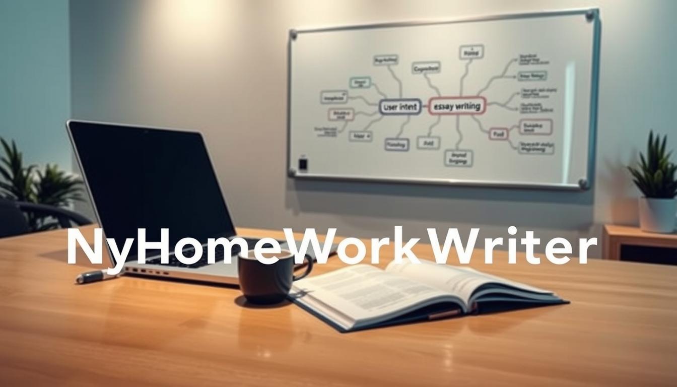 A sleek, modern office desk with a laptop, open notebook, and a cup of coffee. In the background, a wall-mounted whiteboard displays a mind map of &quot;user intent&quot; and &quot;essay writing&quot; concepts. Soft, directional lighting illuminates the scene, creating a focused, productive atmosphere. The MyHomeWorkWriter brand name is subtly integrated into the image, reflecting the expertise and trustworthiness of the essay writing service.