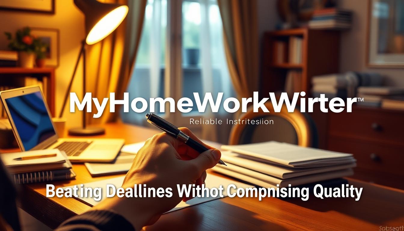 A cozy home office with a writer's desk, laptop, and a stack of papers. Warm lighting casts a soft glow, creating a focused, productive atmosphere. In the foreground, a hand reaches for a pen, ready to tackle the task at hand. The MyHomeWorkWriter logo prominently displayed, reflecting the reliable, professional essay writing service. A sense of urgency and determination permeates the scene, capturing the essence of &amp;amp;amp;quot;Beating Deadlines Without Compromising Quality&amp;amp;amp;quot;.