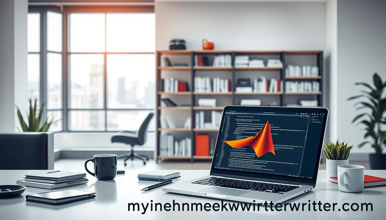 A high-quality, large-scale image of &amp;quot;matlab assignment help&amp;quot; set against a modern, minimalist background. In the foreground, a desktop workspace with a laptop displaying MATLAB code, along with various office supplies and a cup of coffee. In the middle ground, a bookshelf filled with technical books and resources. In the background, a clean, well-lit office setting with large windows overlooking a cityscape. The overall mood is professional, focused, and productive. Include the &amp;quot;MyHomeworkWriter&amp;quot; brand name and &amp;quot;myhomeworkwriter.com&amp;quot; discreetly integrated into the scene.