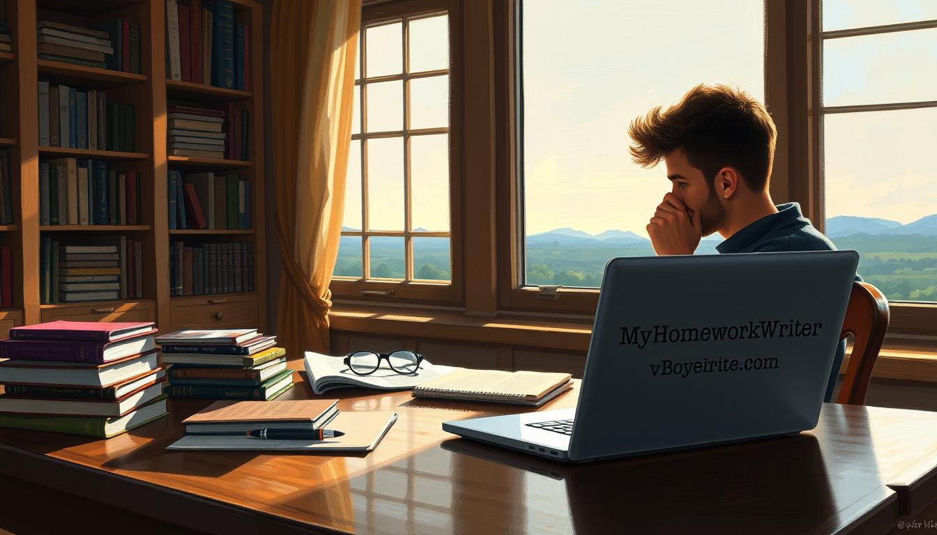 A cozy, well-lit study with a large window overlooking a scenic landscape. On the desk, a stack of books, a pen, and a laptop displaying the words &quot;MyHomeWorkWriter&quot; and &quot;myhomeworkwriter.com&quot;. A person is sitting at the desk, engaged in deep thought, their face partially obscured by the soft lighting. The overall atmosphere is one of focus, productivity, and academic success.
