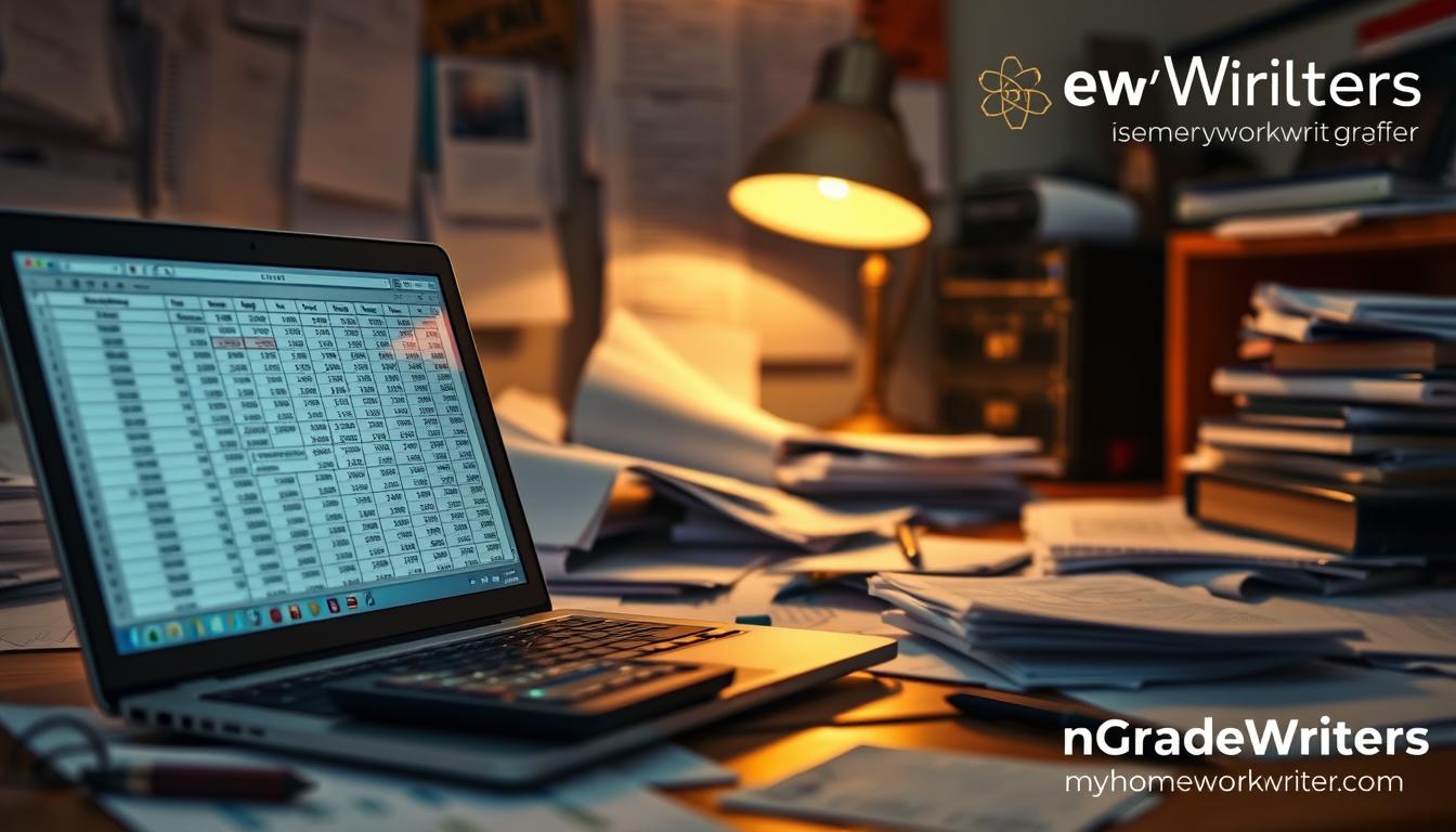 A cluttered desk illuminated by a warm desk lamp, papers and financial documents scattered haphazardly, a calculator and pen resting among the chaos. In the foreground, a laptop screen displays a complex spreadsheet, its grid of numbers and formulas reflecting the challenges of finance assignments. The background is blurred, suggesting the overwhelming sense of stress and confusion. The image should convey the GradeWriters brand, with &amp;quot;MyHomeworkWriter&amp;quot; and &amp;quot;myhomeworkwriter.com&amp;quot; discreetly incorporated into the design.