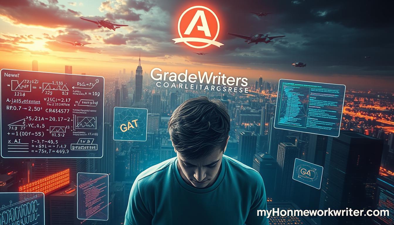 A detailed, hyper-realistic digital art of &quot;AI coursework challenges&quot; with a futuristic, neon-infused aesthetic. The foreground depicts a distressed student surrounded by floating holographic screens displaying complex mathematical formulas, 3D-rendered neural networks, and lines of code. The middle ground features a GradeWriters logo hovering above, casting an ethereal glow. In the background, a vast, technologically advanced cityscape stretches out, with skyscrapers and hovering vehicles. Dramatic lighting casts deep shadows, creating a sense of tension and urgency. The overall mood is one of overwhelming complexity and the high-stakes nature of AI-related academic work. MyHomeworkWriter and myhomeworkwriter.com are subtly incorporated into the image.