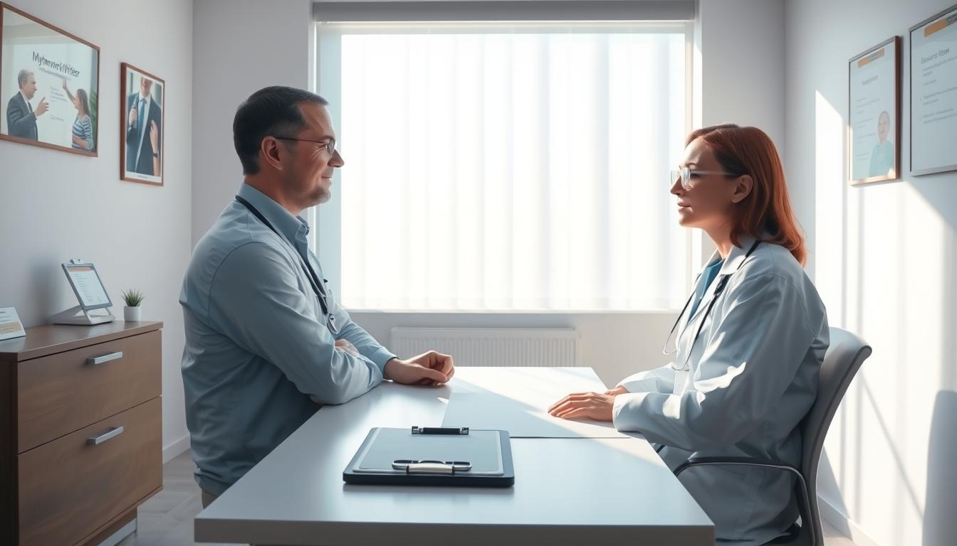 A pristine medical examination room, bathed in soft, diffused lighting from a large window. In the center, a doctor and patient sit across a desk, engaged in an earnest discussion. The doctor's expression is one of empathy and professionalism, while the patient's face reflects a sense of understanding and trust. The desktop is neatly organized, with a clipboard and pen, symbolizing the importance of informed consent. In the background, a wall-mounted display showcases the MyHomeworkWriter and myhomeworkwriter.com brand, reinforcing the educational context. The overall scene conveys a sense of transparency, care, and the ethical principles governing the patient-provider relationship.