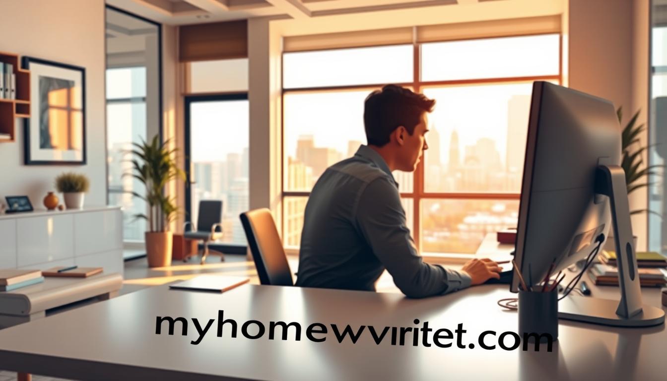 A well-lit, modern office setting with a professional-looking desk, computer, and office supplies. In the foreground, a person is sitting at the desk, intently focused on their work. The middle ground features a clean, minimalist aesthetic with sleek furniture and decor. In the background, there is a large window overlooking a cityscape, bathed in warm, natural lighting. The overall mood is one of productivity, efficiency, and professionalism. MyHomeworkWriter &quot;myhomeworkwriter.com&quot; branding is clearly visible on the desk or computer screen.