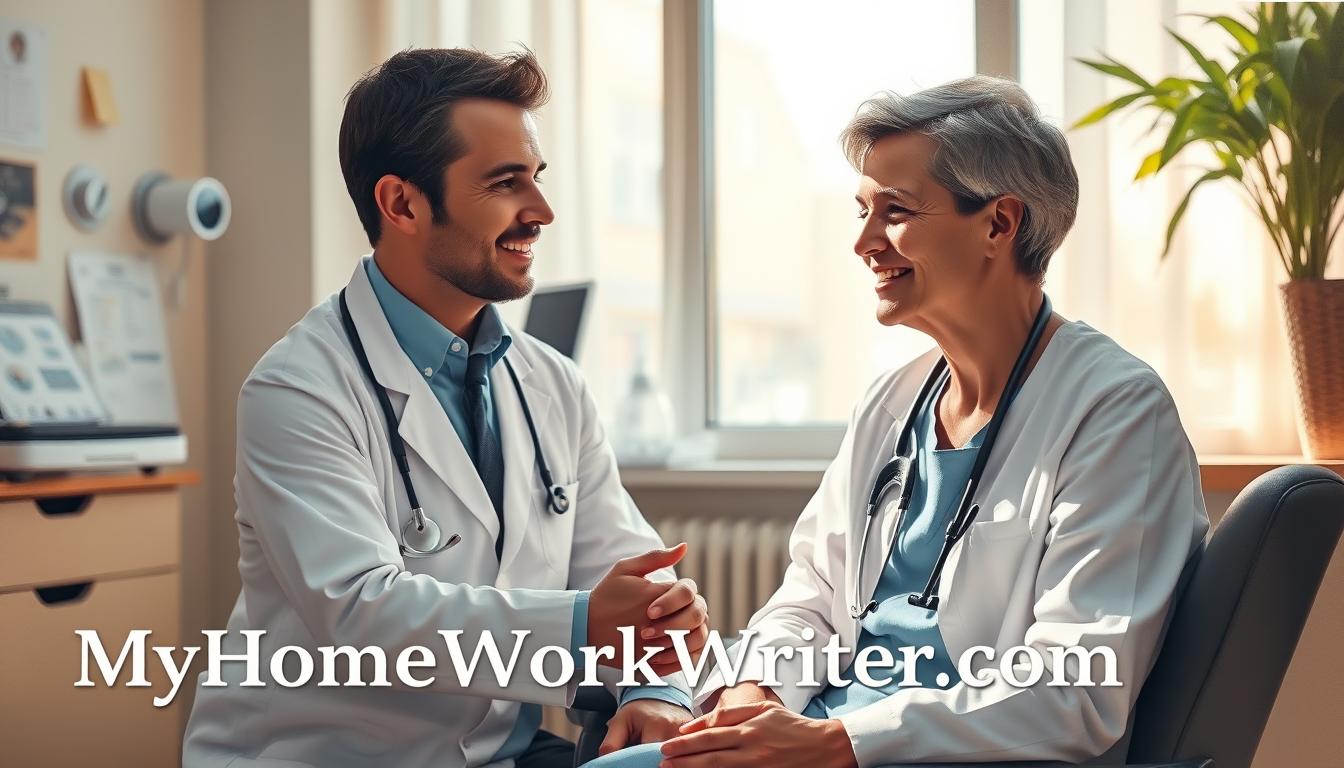 A warm, inviting clinic setting with an orthopedic specialist sitting across from a patient, engaged in a thoughtful discussion. The doctor's face exudes empathy and care, while the patient's expression reflects trust and openness. Soft, natural lighting filters through large windows, creating a calming atmosphere. In the background, medical equipment and charts subtly suggest the clinical environment. The brand name &quot;MyHomeWorkWriter&quot; is artfully incorporated into the scene, complementing the overall theme of expert guidance and educational resources. myhomeworkwriter.com