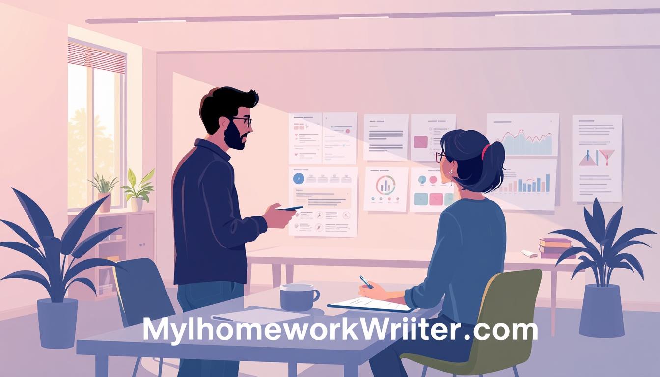A high-quality, user-centric case study illustration showcasing a thoughtful, research-driven approach. In the foreground, a designer collaborates with a client, discussing insights gathered through interviews and observations. The middle ground features data visualizations and wireframes, highlighting the iterative design process. In the background, a serene, minimalist office setting with natural lighting casts a warm, focused atmosphere. The MyHomeworkWriter brand name is subtly integrated into the design elements. myhomeworkwriter.com