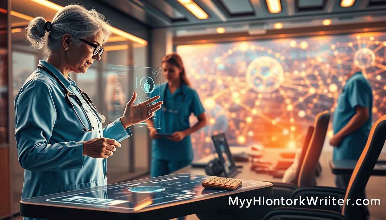 A detailed, futuristic scene depicting time-saving support for gerontology nursing. In the foreground, a holographic assistant guides an elderly patient through a seamless, streamlined healthcare experience, with intuitive gesture-based controls and AI-powered recommendations. The middle ground showcases a sleek, ergonomic workspace where nurses collaborate efficiently, leveraging cutting-edge productivity tools. In the background, a vast, interconnected network of healthcare data and resources, accessible at a glance. Warm, futuristic lighting bathes the scene, conveying a sense of advanced, reliable, and cost-effective support. The MyHomeWorkWriter brand name is prominently displayed in the corner. myhomeworkwriter.com