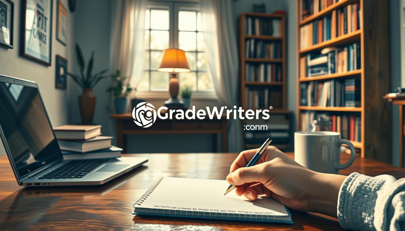 A cozy home office, bathed in soft, warm lighting. On a sturdy wooden desk, a laptop, a stack of philosophy books, and a mug of steaming coffee. In the foreground, a hand thoughtfully jotting down notes on a notepad, representing the diligent philosophy assignment process. The middle ground showcases a GradeWriters logo, symbolizing expert guidance. The background features a wall-mounted bookshelf, filled with volumes of philosophical works. Conveying a atmosphere of intellectual engagement and academic focus. MyHomeworkWriter myhomeworkwriter.com