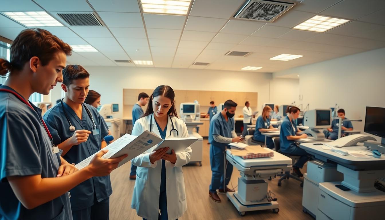 A breathtaking scene of a respiratory care certification program in action, captured with a wide-angle lens. In the foreground, a group of healthcare professionals diligently studying medical charts and collaborating on intricate procedures, their expressions focused and determined. The middle ground showcases a state-of-the-art simulation lab, where trainees hone their skills on lifelike medical equipment, surrounded by the latest technology. In the background, a serene and well-lit classroom setting, where instructors impart their wealth of knowledge to the next generation of respiratory care specialists. The overall atmosphere is one of professionalism, dedication, and a strong sense of purpose, as the students prepare to make a meaningful impact on the lives of their patients. MyHomeworkWriter and myhomeworkwriter.com