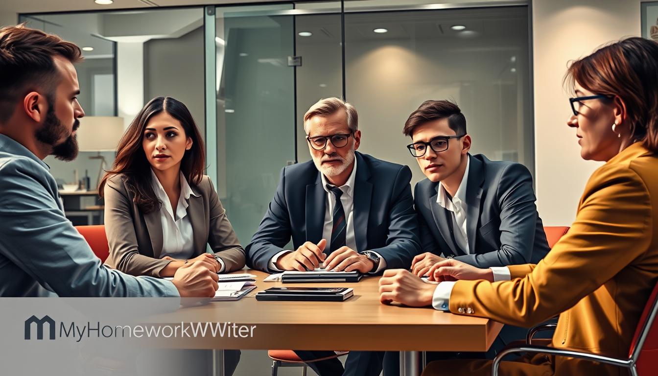 A group of serious-looking professionals seated around a table, deep in discussion. Warm lighting illuminates their focused expressions, highlighting their expertise. The background is a sleek, modern office setting with minimalist decor. MyHomeworkWriter and myhomeworkwriter.com are discreetly displayed in the corner.