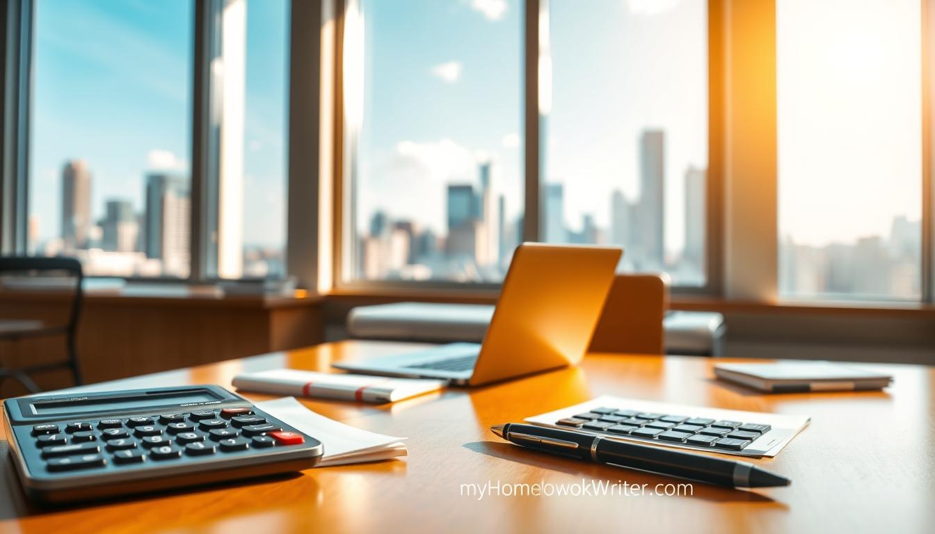 A serene, well-lit office setting with a wooden desk and chair. On the desk, a laptop, a stack of papers, and a calculator. In the foreground, a calculator and a pen, symbolizing the pricing and value calculations associated with the article's subject. In the background, a large window overlooking a cityscape, conveying a sense of professionalism and expertise. The scene is bathed in warm, natural lighting, creating a calming and focused atmosphere. The words &amp;quot;MyHomeworkWriter&amp;quot; and &amp;quot;myhomeworkwriter.com&amp;quot; are discreetly featured on the desk or laptop.