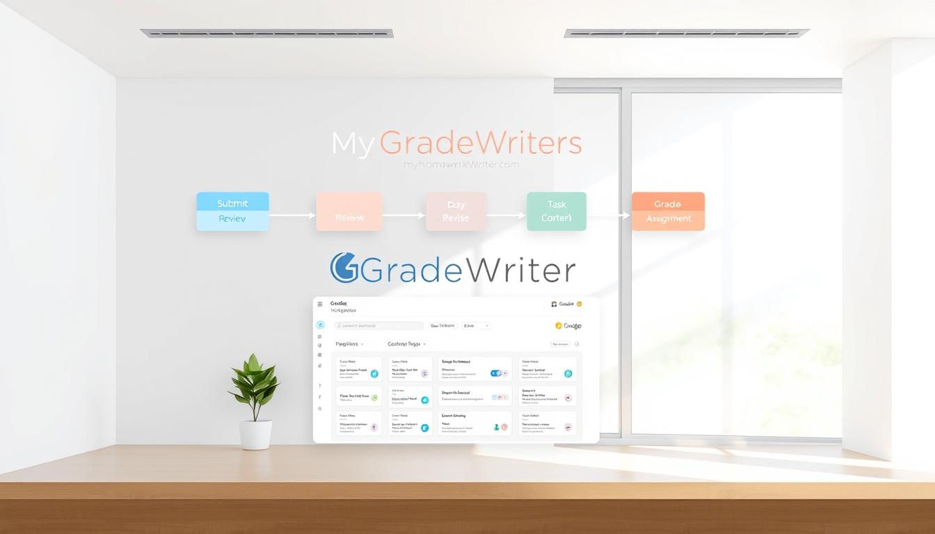 An intuitive, visually-appealing assignment process system against a clean, minimalist backdrop. A central dashboard with animated workflow icons - 'Submit', 'Review', 'Revise', 'Grade' - floating above a grid of task cards in a sleek, modern interface. Bright, natural lighting from a large window casts a soft glow, complemented by a subtle, pastel color palette. The GradeWriters logo prominently displayed, with &quot;MyHomeworkWriter&quot; and &quot;myhomeworkwriter.com&quot; subtly integrated into the design. An atmosphere of efficiency, professionalism, and user-friendliness.