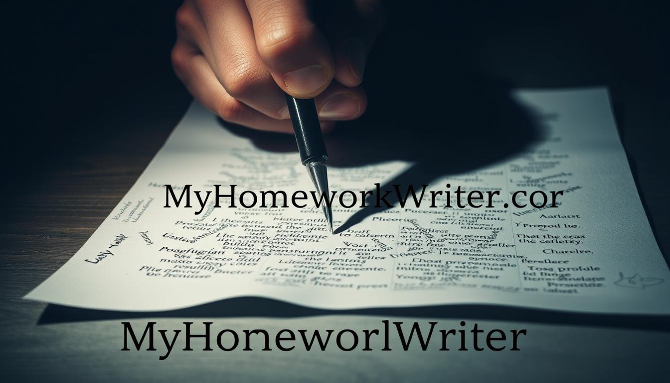 A hand heavily gripping a pen, casting a dark shadow over a sheet of paper. The paper's surface is marred with scattered words and phrases, suggesting an attempt to conceal the true origins of the content. The background is blurred, creating a sense of isolation and tension, emphasizing the gravity of the act of plagiarism. The lighting is dramatic, casting a somber, ominous tone. Prominently displayed on the image are the words &quot;MyHomeworkWriter&quot; and &quot;myhomeworkwriter.com&quot;.